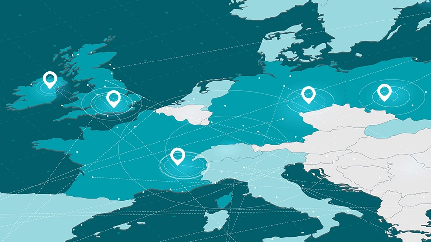 KOMSA Europa Karte mit den Pins der KOMSA Standorte in Europa