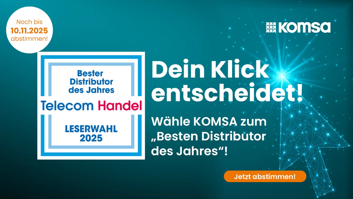 Telekom Handel Umfrage 2025 - Wähle KOMSA als besten Distributor Telecom Handel Umfrage Signet und KOMSA Logo mit Aufforderungstext zur Teilnahme