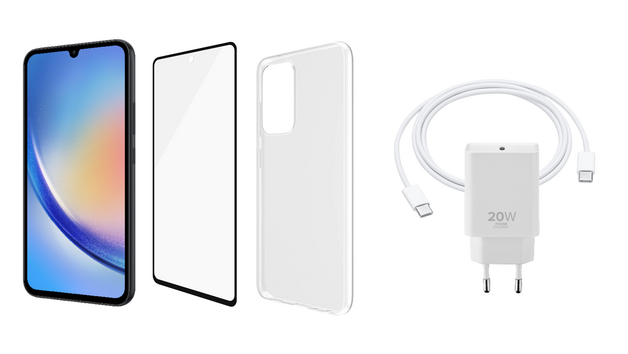 Hardware selection with smartphone, protective case, protective film, charging cable and power adapter Hardware selection with smartphone, protective case, protective film, charging cable and power adapter