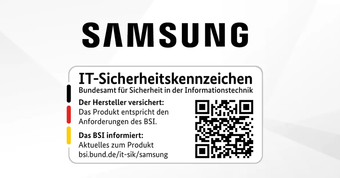 Samsung BSI Sicherheitskennzeichen Abbildung des IT Sicherheitskennzeichen mit einem Samsung Logo