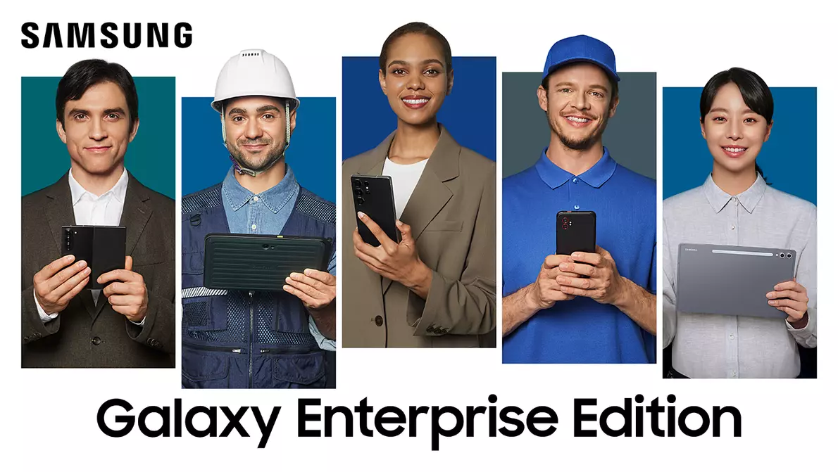 Samsung Galaxy Enterprise Editions Zusammenstellung mehrerer Mitarbeitenden die Samsung Geräte in der Hand halten