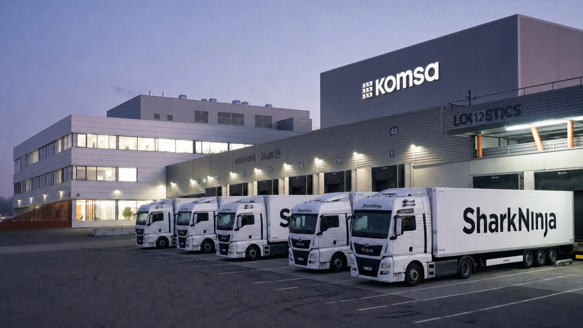 KOMSA SharkNinja strategische Partnerschaft Mehrere SharkNinja LKWs stehen vor der KOMSA Logistik