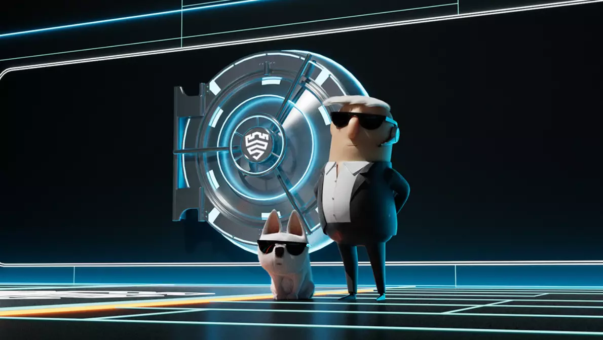Samsung Knox Charaktere Agent in Smoking und Hund mit Sonnenbrille stehen vor einem Tresor mit Knox Logo